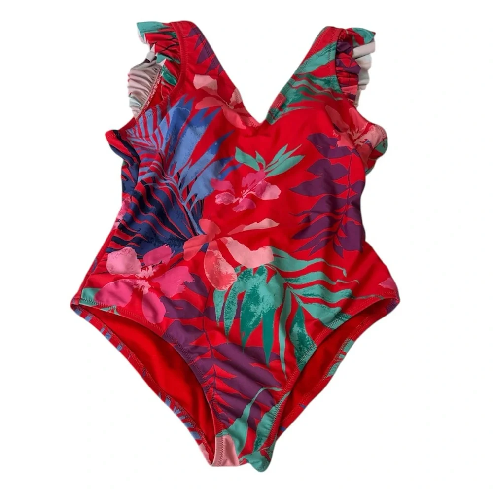 Jessica Simpson Swimsuit Red Floral Flowers Hawaiian Tropical Aloha M